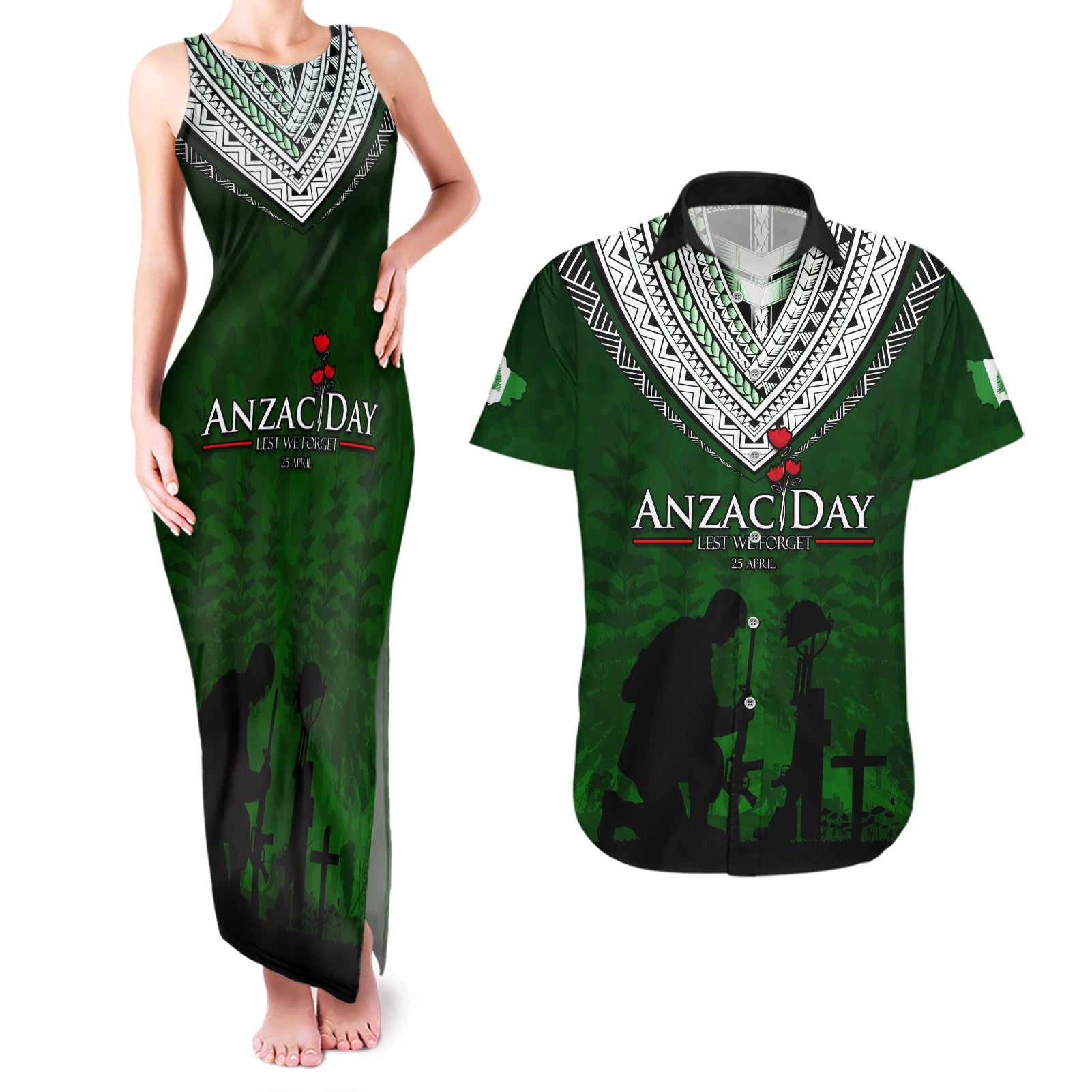 Norfolk Island ANZAC Day Couples Matching Tank Maxi Dress and Hawaiian Shirt Soldier Lest We Forget Camouflage LT03 Green - Polynesian Pride