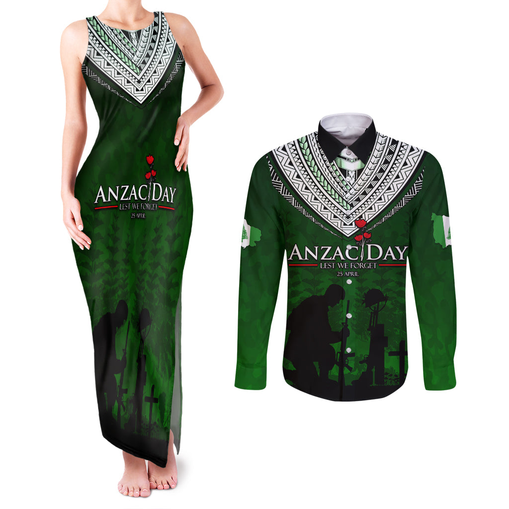 Norfolk Island ANZAC Day Couples Matching Tank Maxi Dress and Long Sleeve Button Shirt Soldier Lest We Forget Camouflage LT03 Green - Polynesian Pride