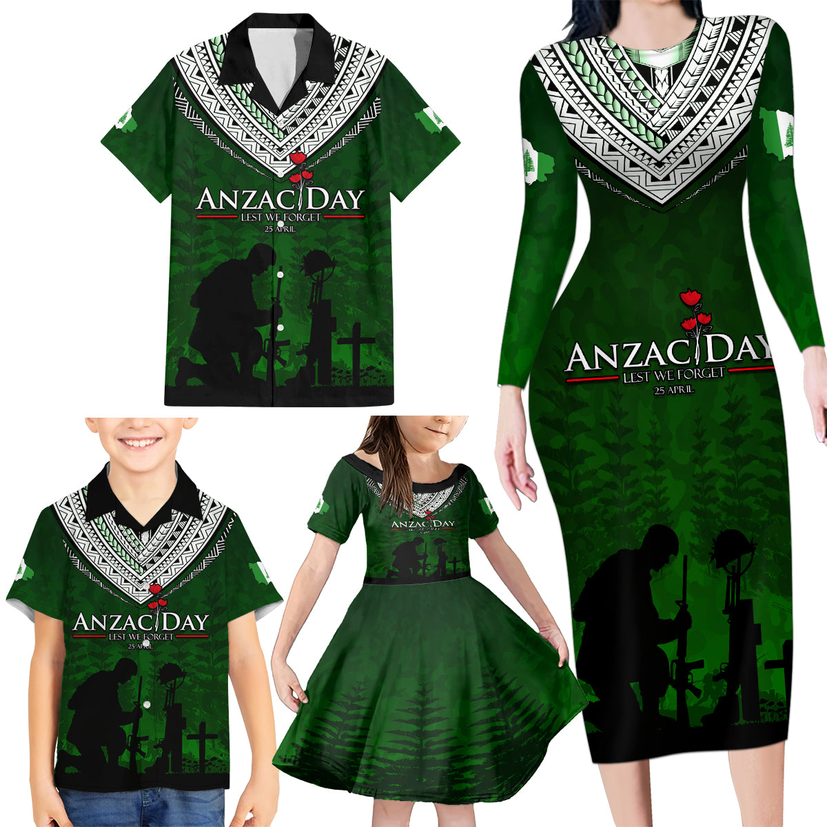 Norfolk Island ANZAC Day Family Matching Long Sleeve Bodycon Dress and Hawaiian Shirt Soldier Lest We Forget Camouflage LT03 - Polynesian Pride