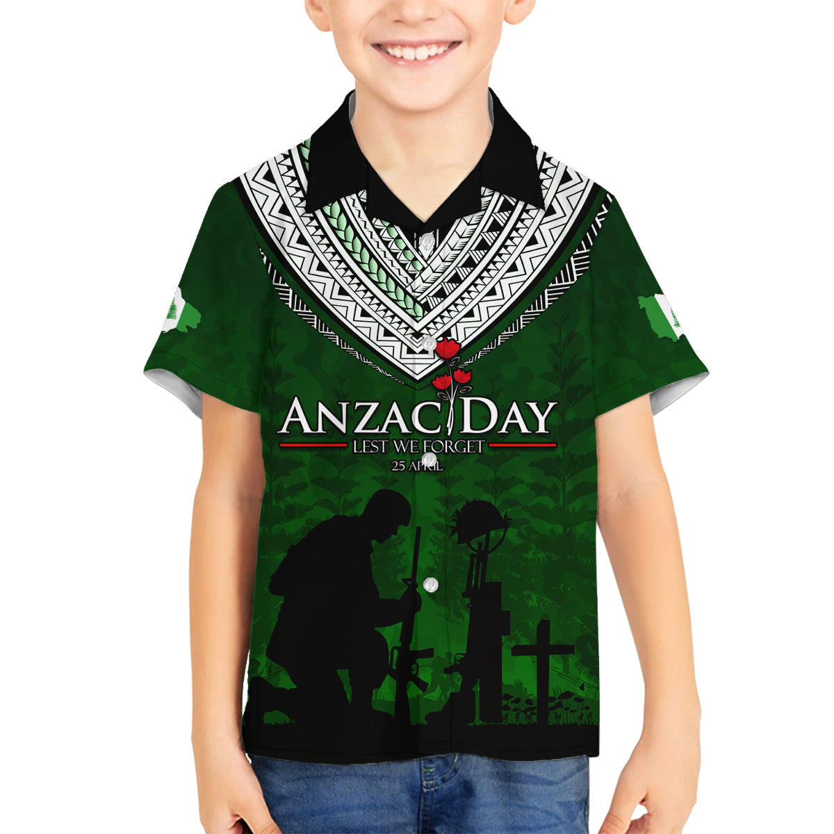 Norfolk Island ANZAC Day Family Matching Long Sleeve Bodycon Dress and Hawaiian Shirt Soldier Lest We Forget Camouflage LT03 Son's Shirt Green - Polynesian Pride