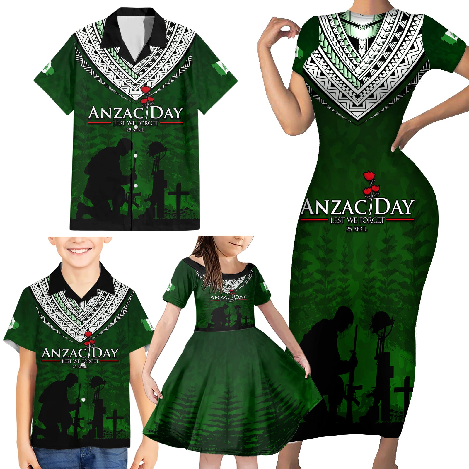Norfolk Island ANZAC Day Family Matching Short Sleeve Bodycon Dress and Hawaiian Shirt Soldier Lest We Forget Camouflage LT03 - Polynesian Pride