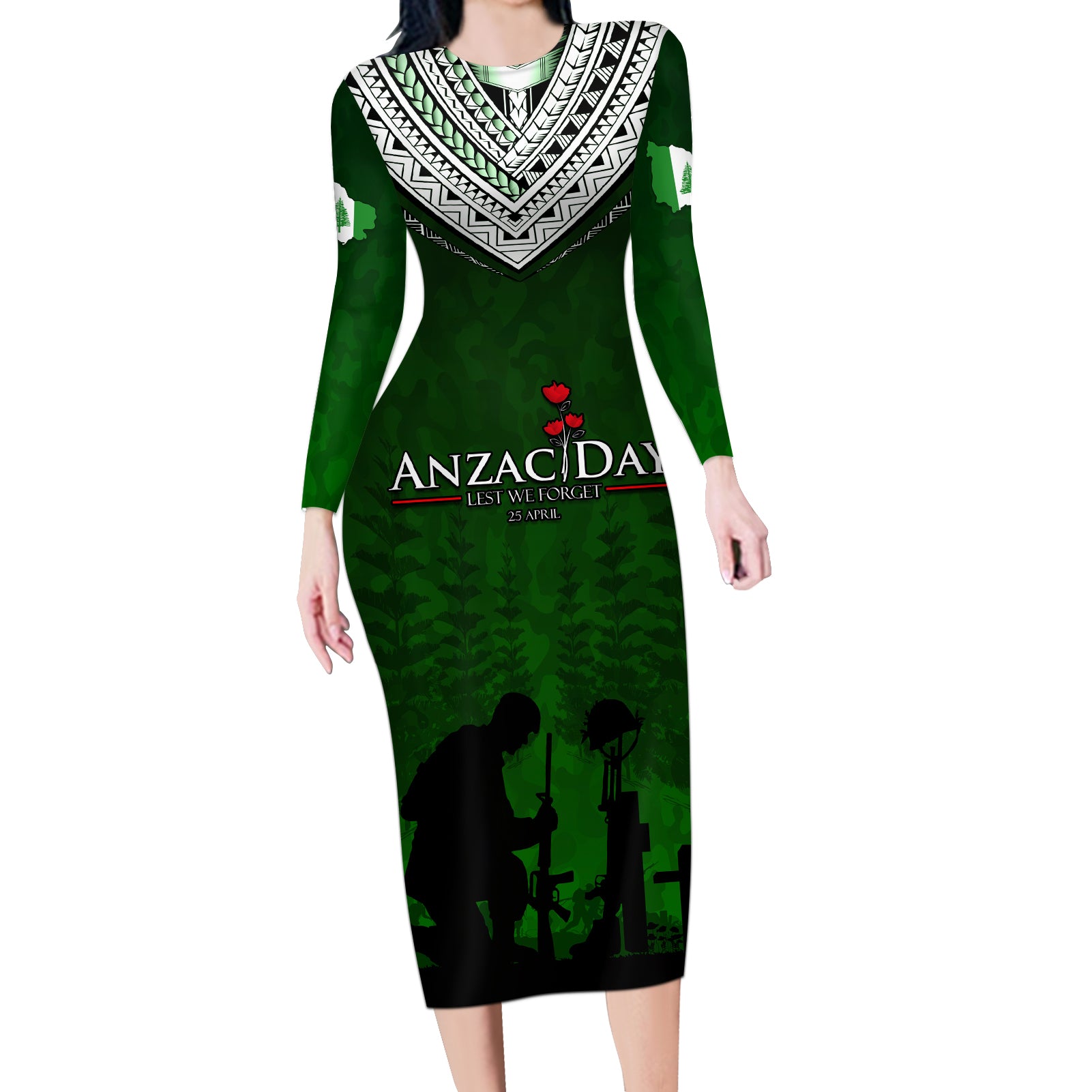 Norfolk Island ANZAC Day Long Sleeve Bodycon Dress Soldier Lest We Forget Camouflage LT03 Long Dress Green - Polynesian Pride