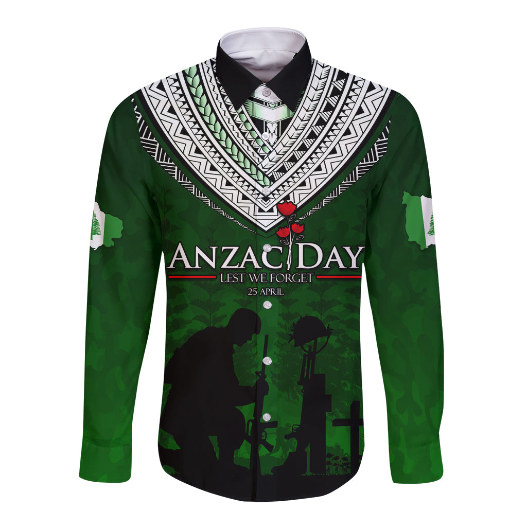 Norfolk Island ANZAC Day Long Sleeve Button Shirt Soldier Lest We Forget Camouflage LT03 Unisex Green - Polynesian Pride
