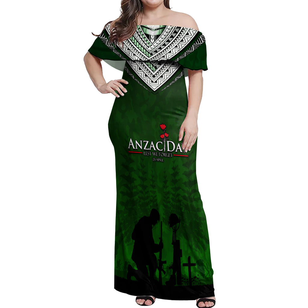 Norfolk Island ANZAC Day Off Shoulder Maxi Dress Soldier Lest We Forget Camouflage LT03 Women Green - Polynesian Pride