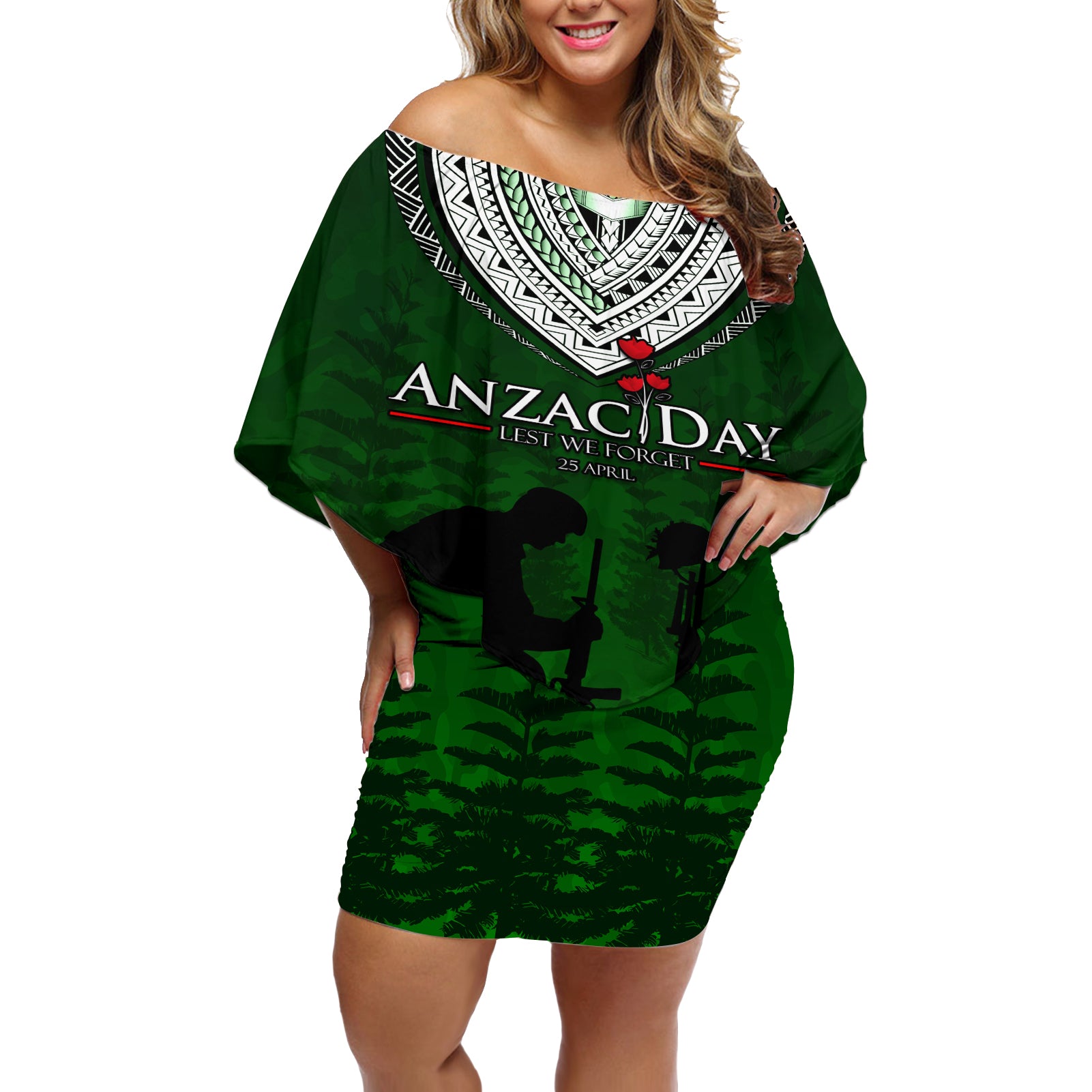 Norfolk Island ANZAC Day Off Shoulder Short Dress Soldier Lest We Forget Camouflage LT03 Women Green - Polynesian Pride