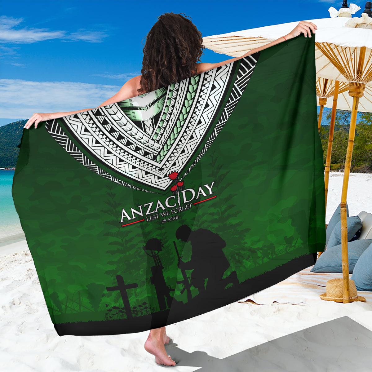 Norfolk Island ANZAC Day Sarong Soldier Lest We Forget Camouflage LT03 One Size 44 x 66 inches Green - Polynesian Pride