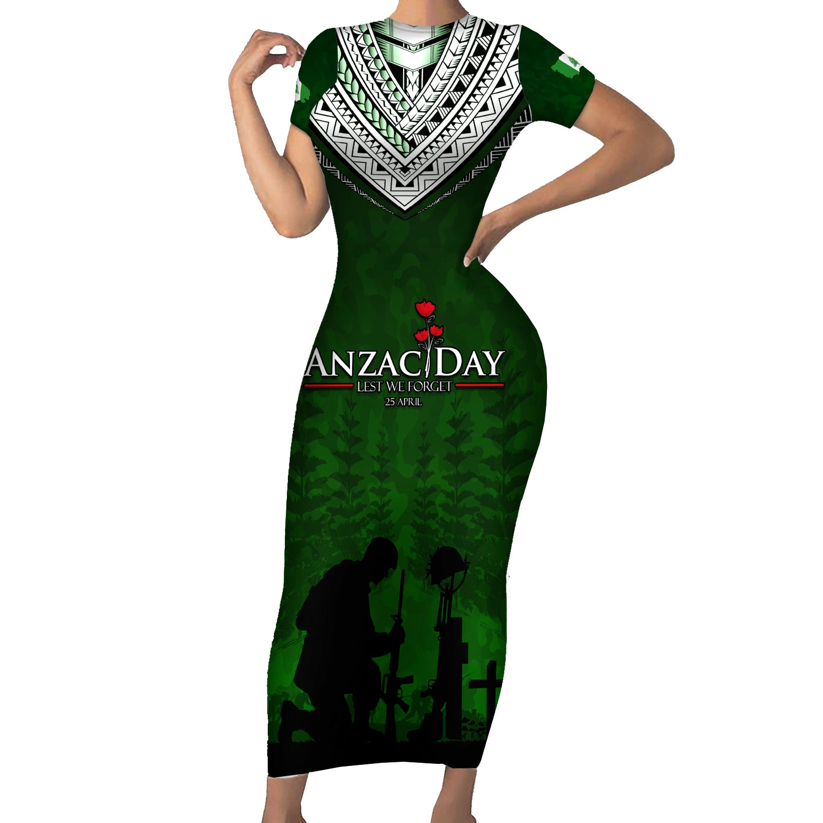Norfolk Island ANZAC Day Short Sleeve Bodycon Dress Soldier Lest We Forget Camouflage LT03 Long Dress Green - Polynesian Pride