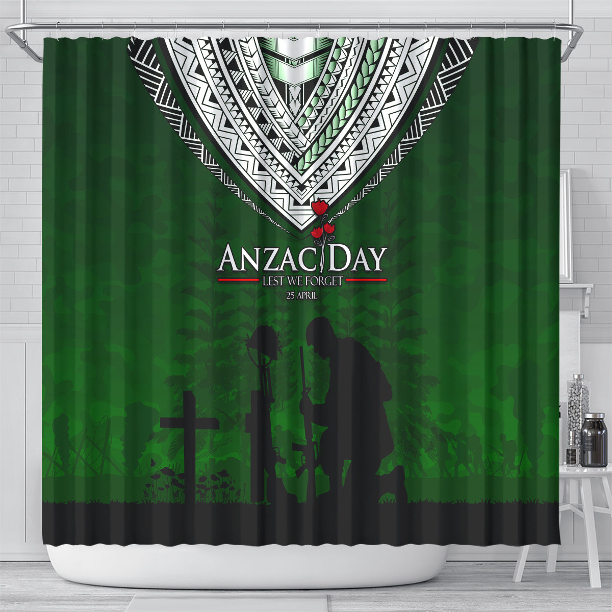 Norfolk Island ANZAC Day Shower Curtain Soldier Lest We Forget Camouflage LT03 - Polynesian Pride