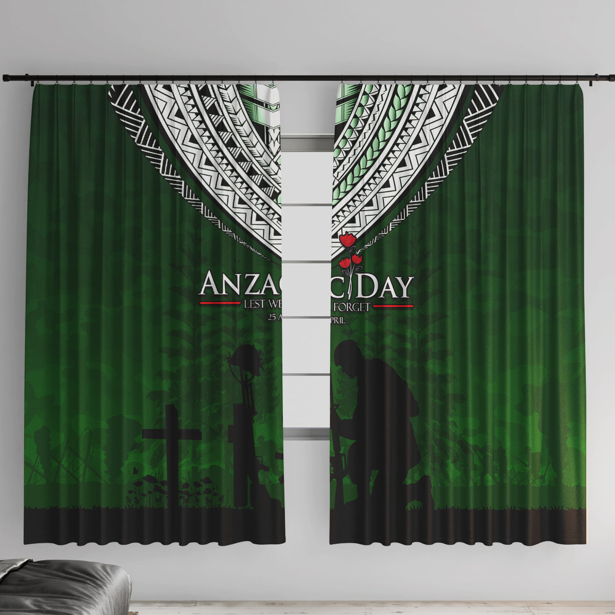 Norfolk Island ANZAC Day Window Curtain Soldier Lest We Forget Camouflage LT03 With Hooks Green - Polynesian Pride