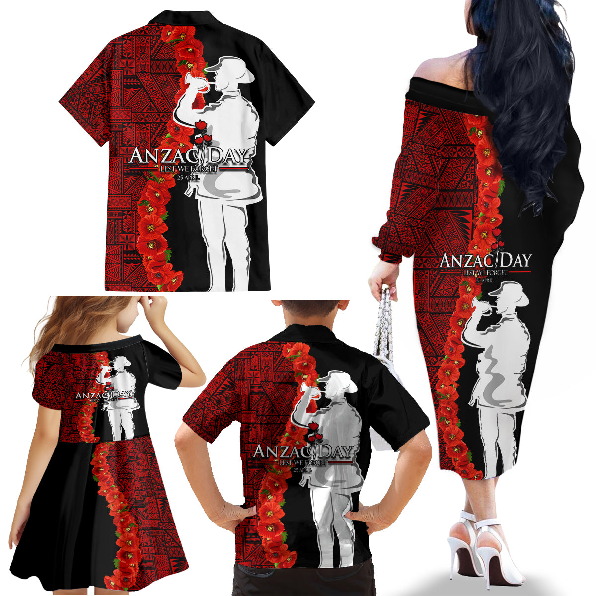 Tonga ANZAC Day Family Matching Off Shoulder Long Sleeve Dress and Hawaiian Shirt Red Poppies Flower Soldier Lest We Forget LT03 - Polynesian Pride