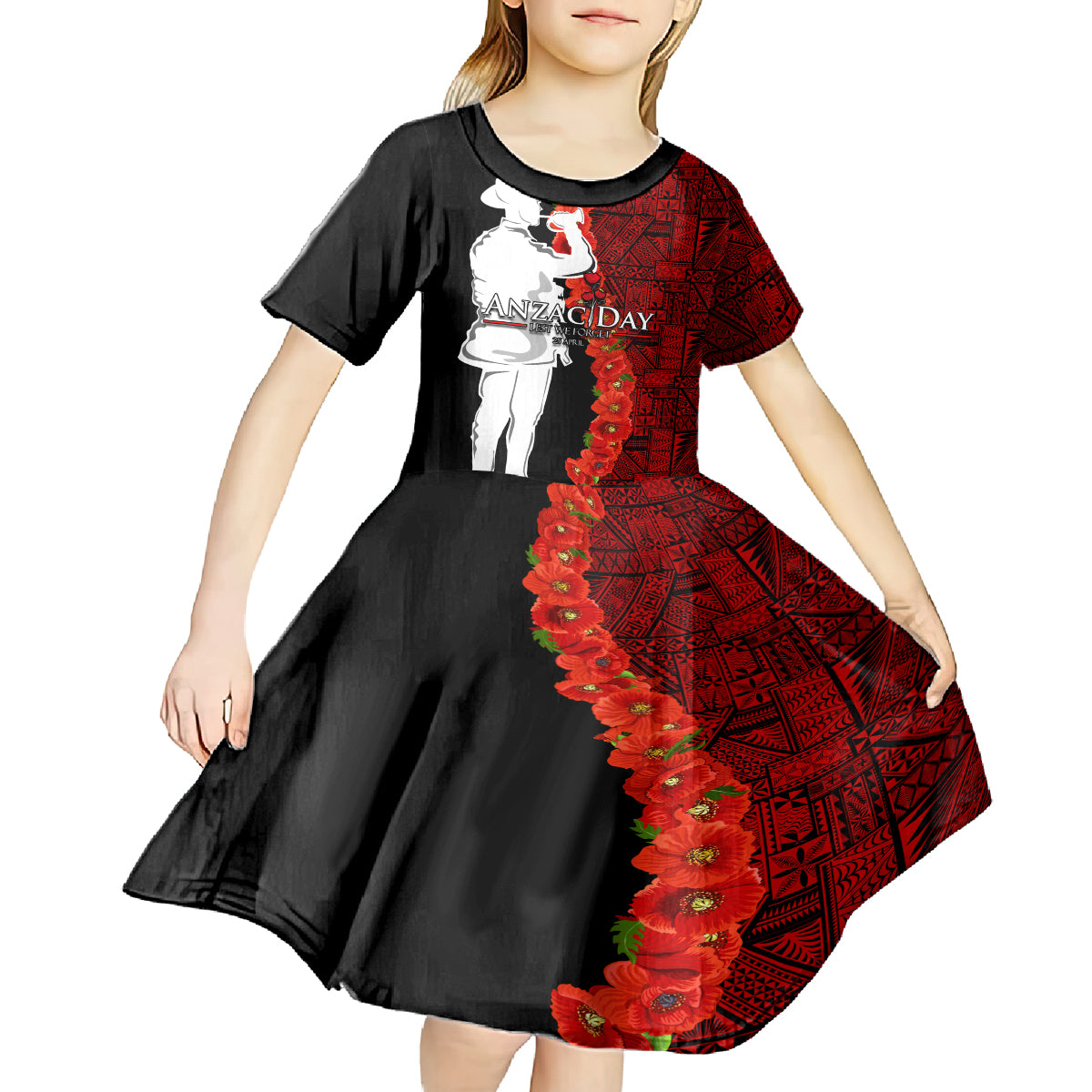 Tonga ANZAC Day Kid Short Sleeve Dress Red Poppies Flower Soldier Lest We Forget LT03 - Polynesian Pride