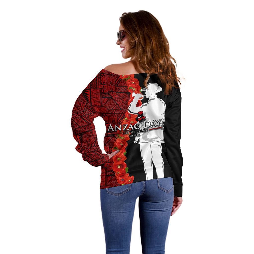 Tonga ANZAC Day Off Shoulder Sweater Red Poppies Flower Soldier Lest We Forget LT03 - Polynesian Pride