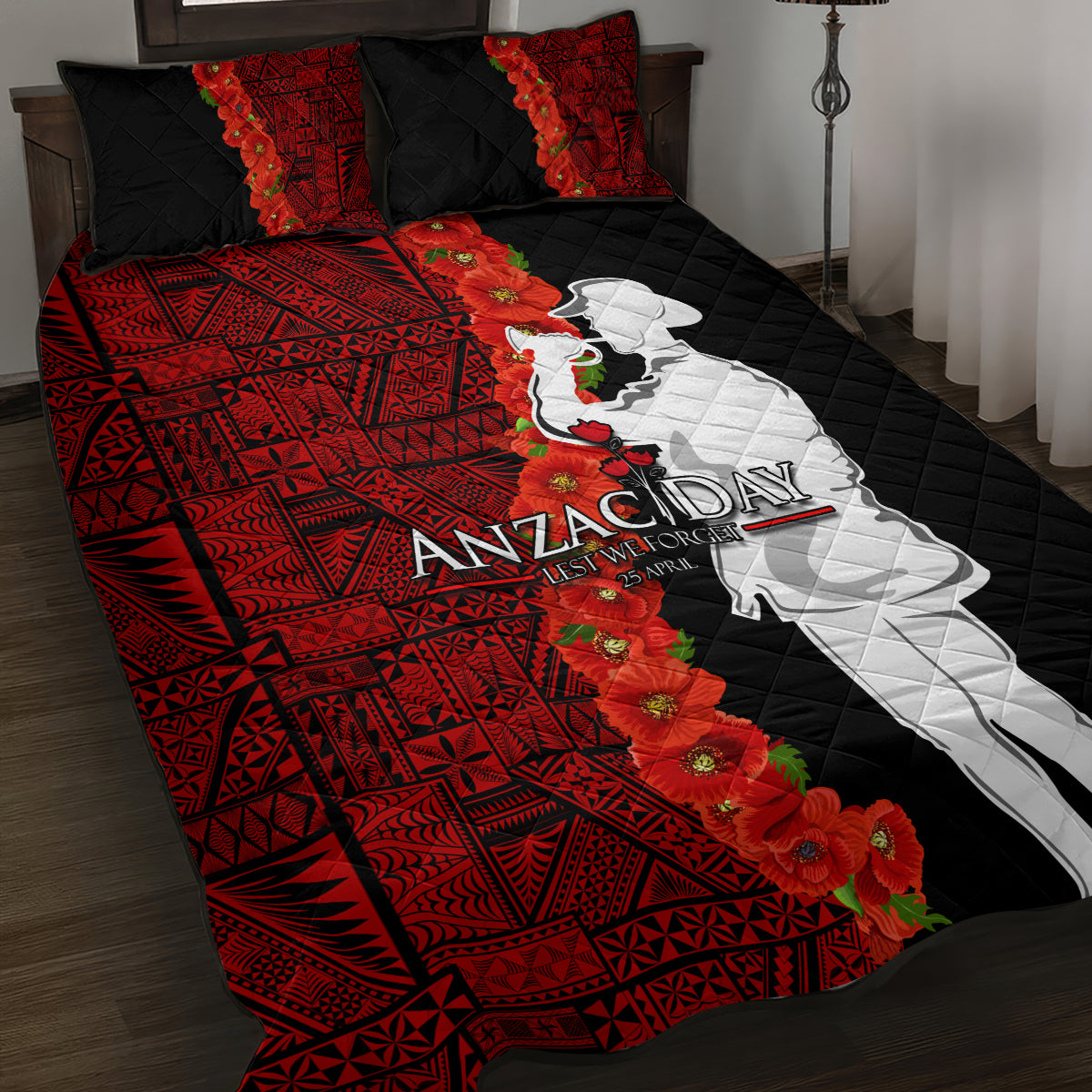 Tonga ANZAC Day Quilt Bed Set Red Poppies Flower Soldier Lest We Forget LT03 Red - Polynesian Pride