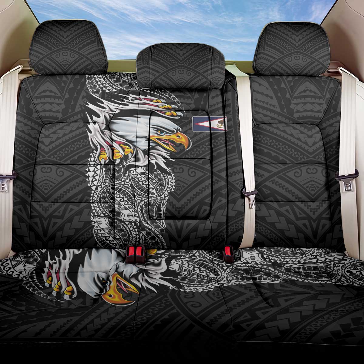 American Samoa Flag Day Back Car Seat Cover Tribal Tattoo with Eagle Black