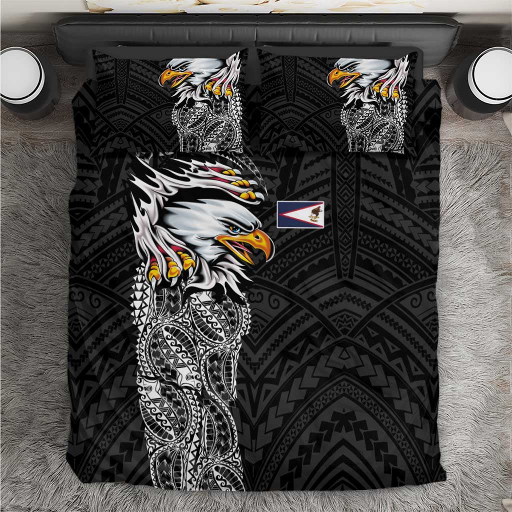 American Samoa Flag Day Bedding Set Tribal Tattoo with Eagle Black
