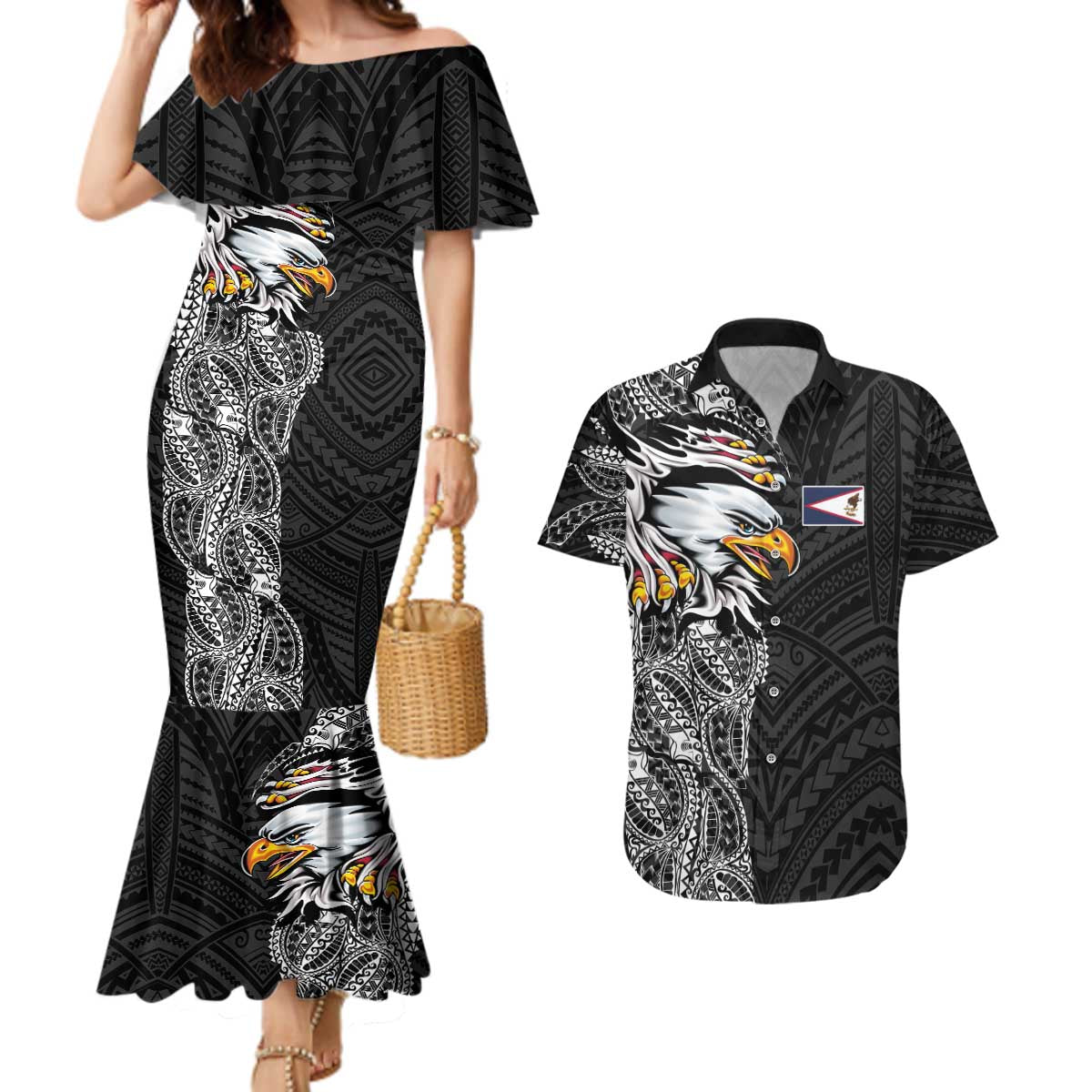 American Samoa Flag Day Couples Matching Mermaid Dress and Hawaiian Shirt Tribal Tattoo with Eagle Black LT03 Black - Polynesian Pride