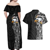 American Samoa Flag Day Couples Matching Off Shoulder Maxi Dress and Hawaiian Shirt Tribal Tattoo with Eagle Black