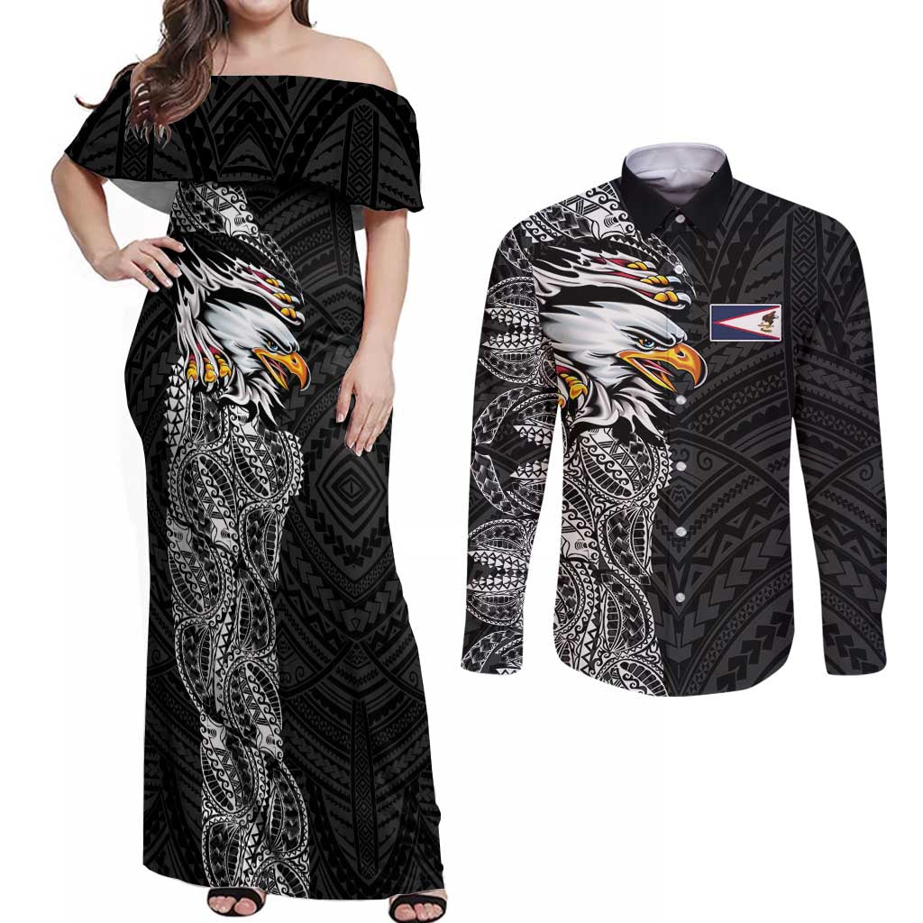 American Samoa Flag Day Couples Matching Off Shoulder Maxi Dress and Long Sleeve Button Shirt Tribal Tattoo with Eagle Black LT03 Black - Polynesian Pride