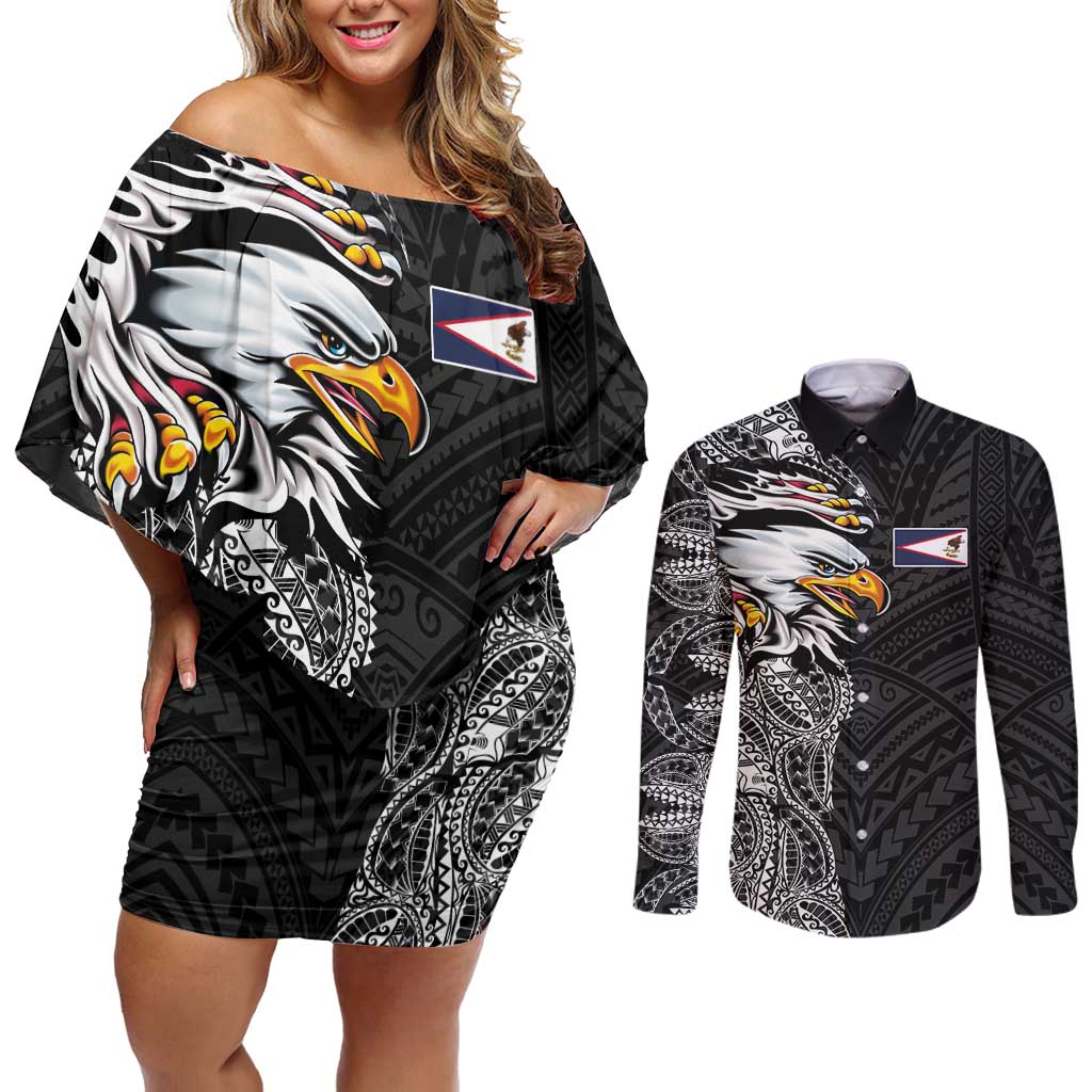 American Samoa Flag Day Couples Matching Off Shoulder Short Dress and Long Sleeve Button Shirt Tribal Tattoo with Eagle Black LT03 Black - Polynesian Pride