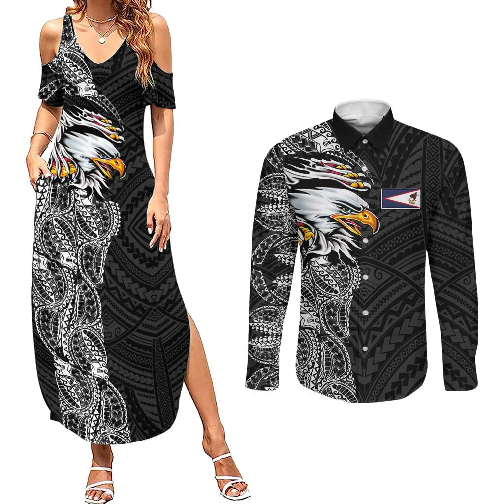 American Samoa Flag Day Couples Matching Summer Maxi Dress and Long Sleeve Button Shirt Tribal Tattoo with Eagle Black LT03 Black - Polynesian Pride