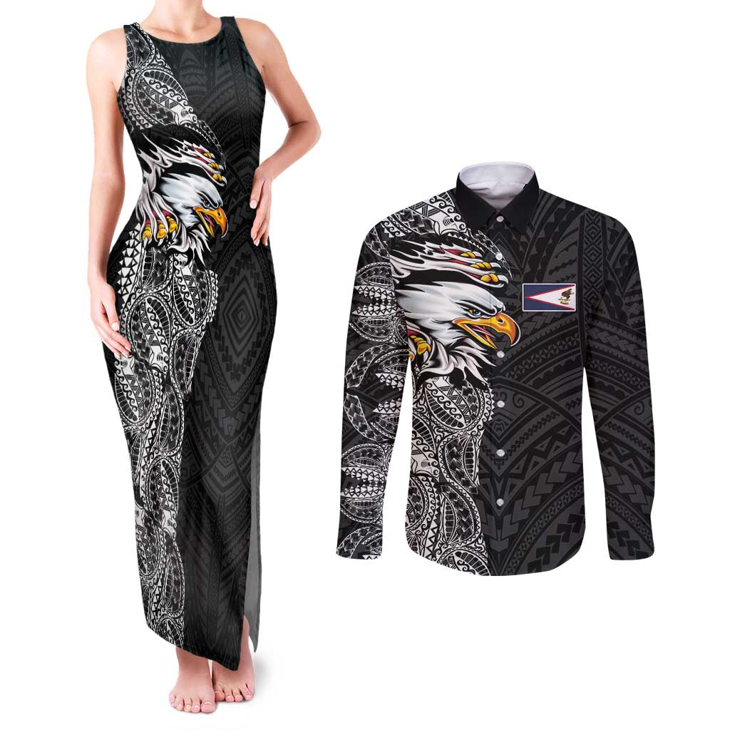 American Samoa Flag Day Couples Matching Tank Maxi Dress and Long Sleeve Button Shirt Tribal Tattoo with Eagle Black LT03 Black - Polynesian Pride