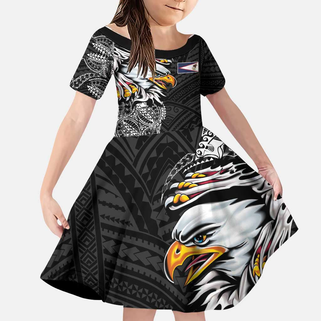 American Samoa Flag Day Family Matching Off The Shoulder Long Sleeve Dress and Hawaiian Shirt Tribal Tattoo with Eagle Black