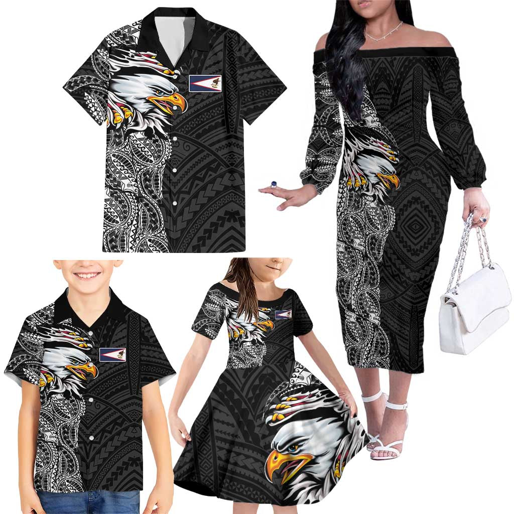 American Samoa Flag Day Family Matching Off The Shoulder Long Sleeve Dress and Hawaiian Shirt Tribal Tattoo with Eagle Black