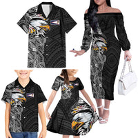 American Samoa Flag Day Family Matching Off The Shoulder Long Sleeve Dress and Hawaiian Shirt Tribal Tattoo with Eagle Black