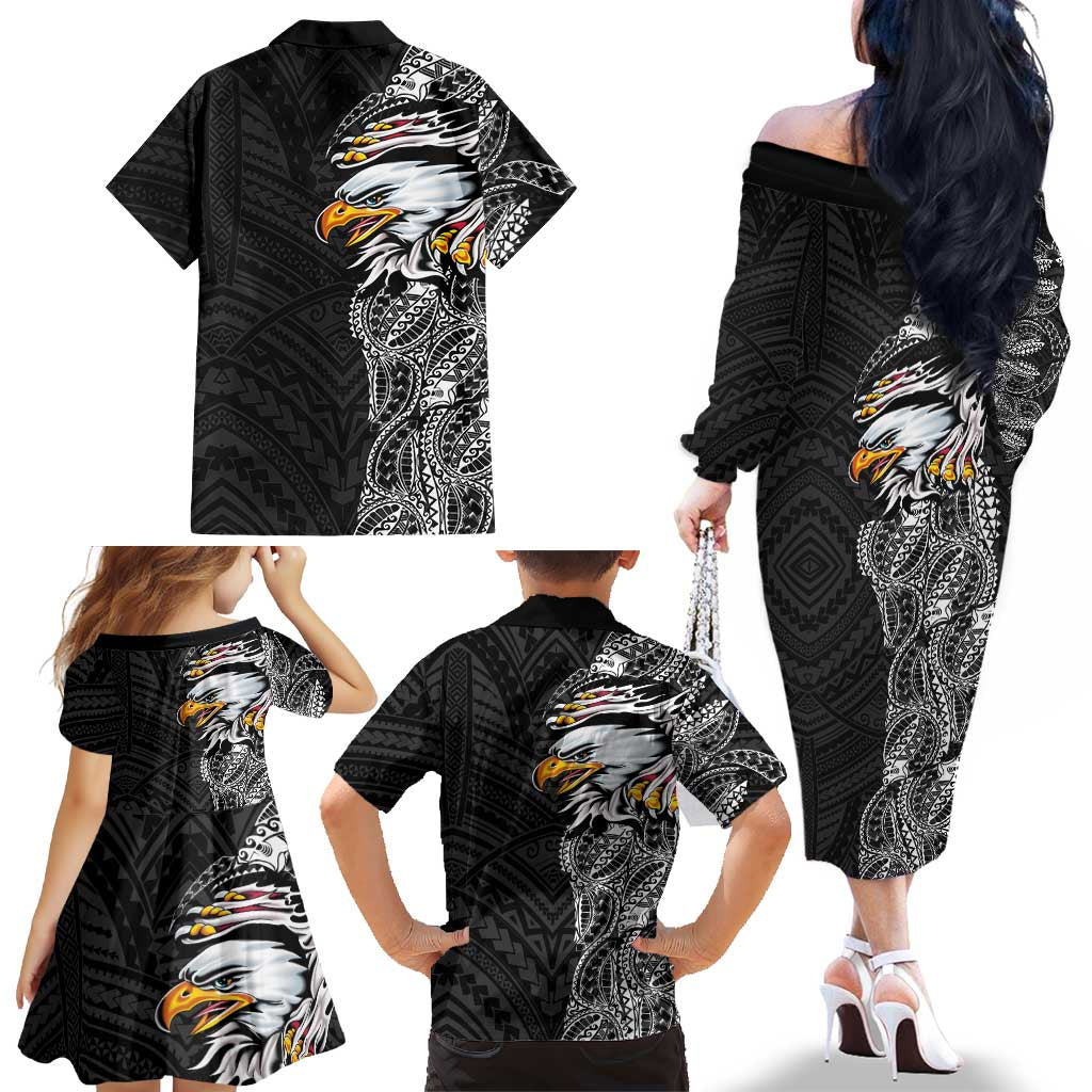 American Samoa Flag Day Family Matching Off The Shoulder Long Sleeve Dress and Hawaiian Shirt Tribal Tattoo with Eagle Black