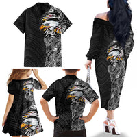 American Samoa Flag Day Family Matching Off The Shoulder Long Sleeve Dress and Hawaiian Shirt Tribal Tattoo with Eagle Black