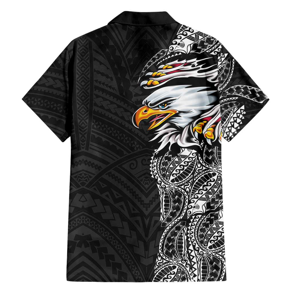 American Samoa Flag Day Family Matching Off The Shoulder Long Sleeve Dress and Hawaiian Shirt Tribal Tattoo with Eagle Black