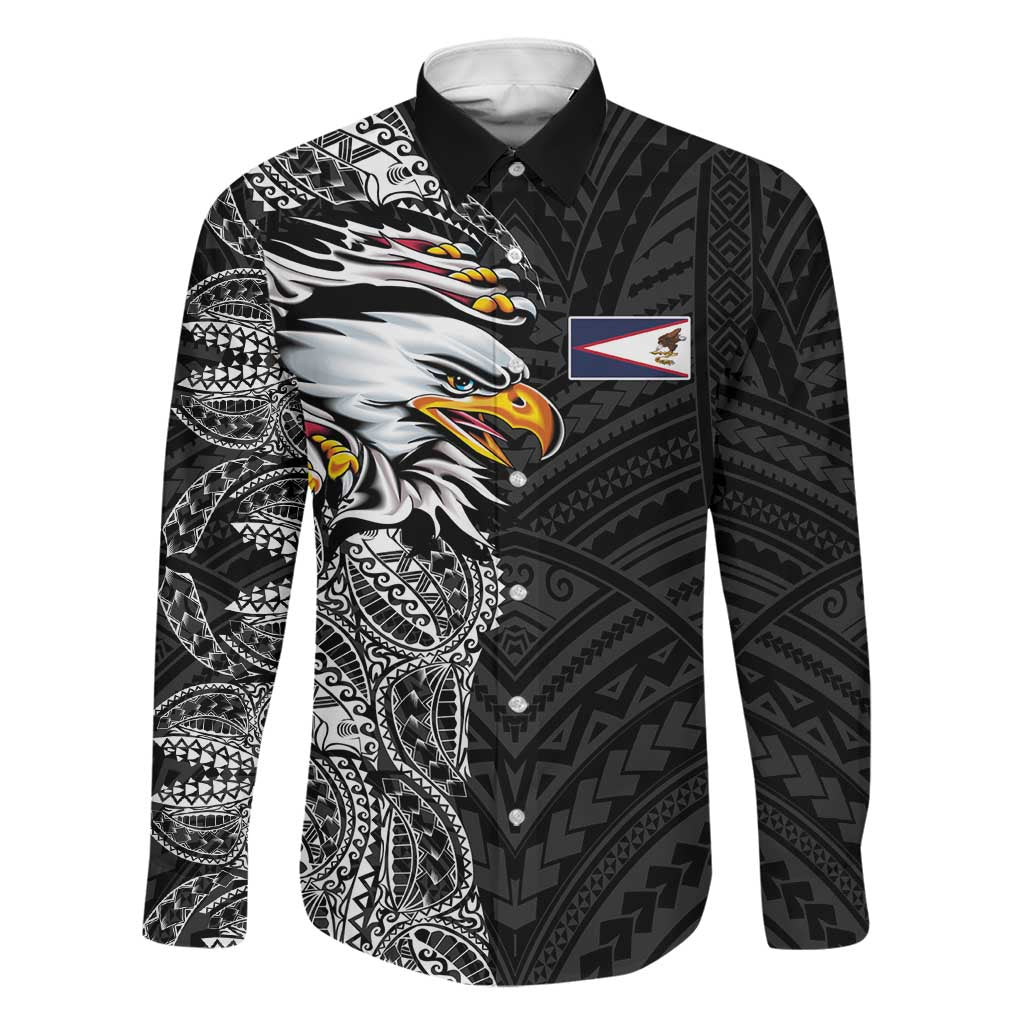 American Samoa Flag Day Family Matching Off The Shoulder Long Sleeve Dress and Hawaiian Shirt Tribal Tattoo with Eagle Black