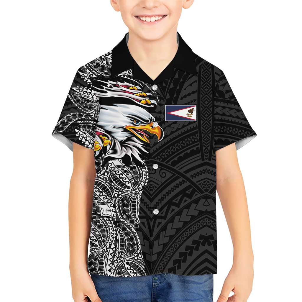 American Samoa Flag Day Family Matching Off The Shoulder Long Sleeve Dress and Hawaiian Shirt Tribal Tattoo with Eagle Black