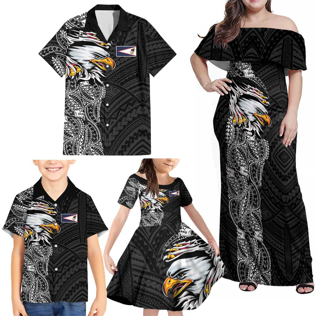 American Samoa Flag Day Family Matching Off Shoulder Maxi Dress and Hawaiian Shirt Tribal Tattoo with Eagle Black