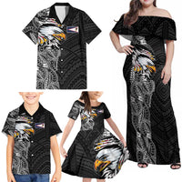 American Samoa Flag Day Family Matching Off Shoulder Maxi Dress and Hawaiian Shirt Tribal Tattoo with Eagle Black