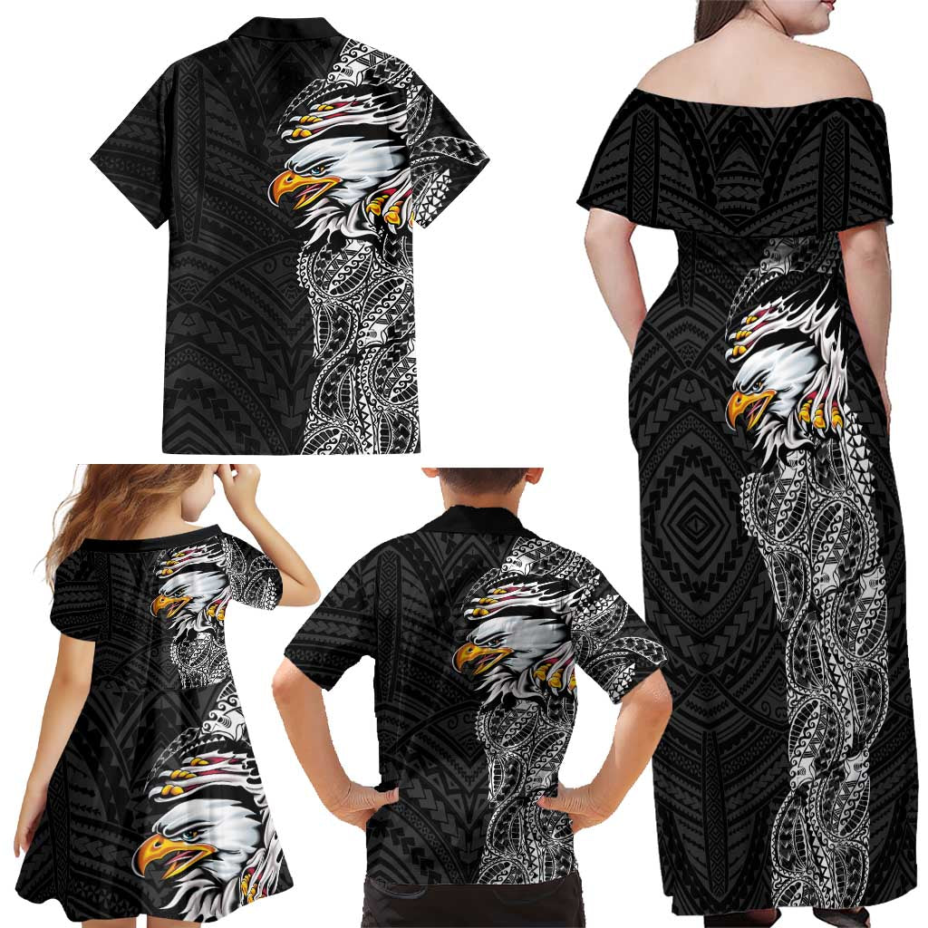 American Samoa Flag Day Family Matching Off Shoulder Maxi Dress and Hawaiian Shirt Tribal Tattoo with Eagle Black