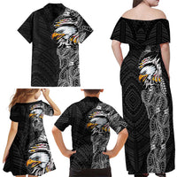 American Samoa Flag Day Family Matching Off Shoulder Maxi Dress and Hawaiian Shirt Tribal Tattoo with Eagle Black