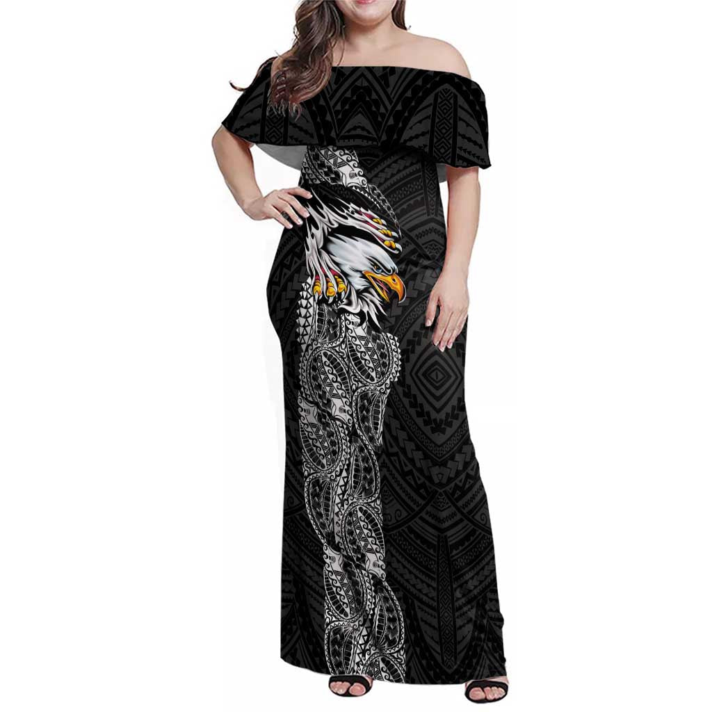 American Samoa Flag Day Family Matching Off Shoulder Maxi Dress and Hawaiian Shirt Tribal Tattoo with Eagle Black