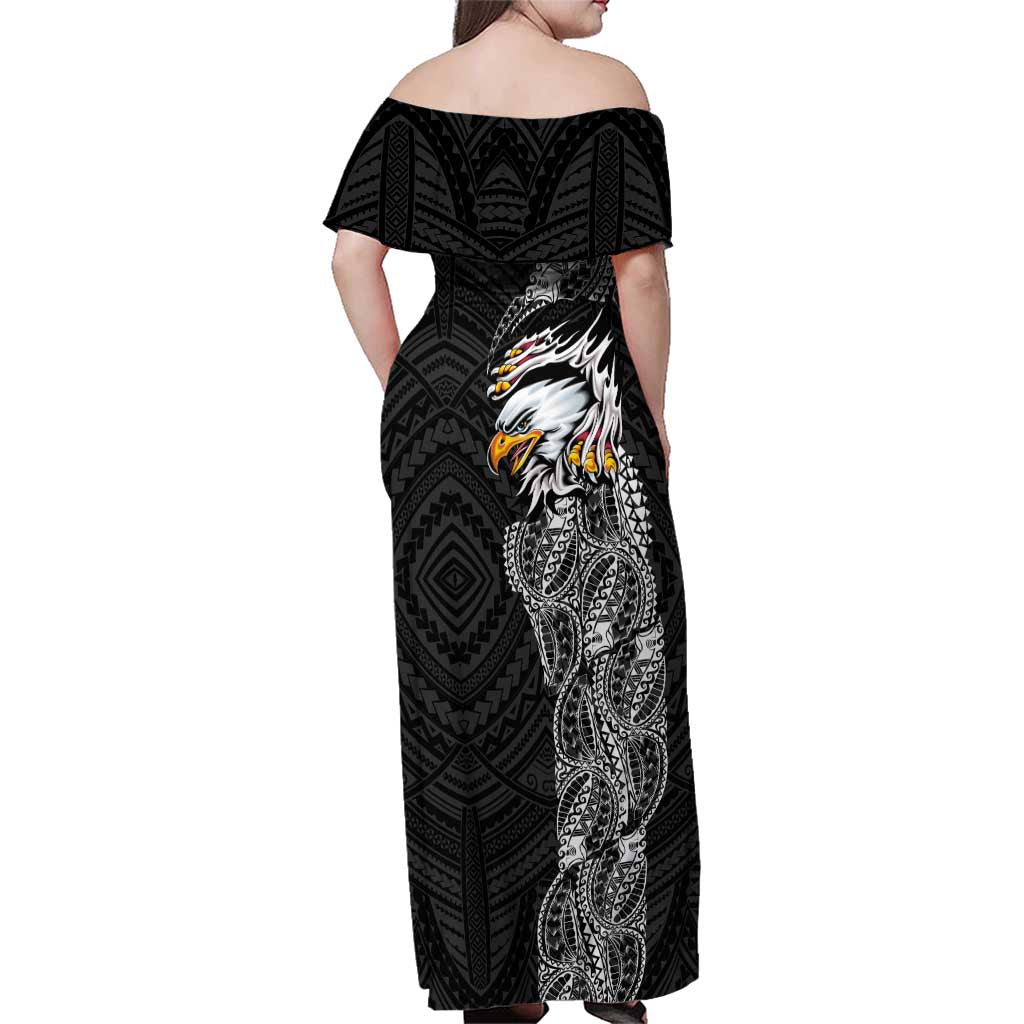 American Samoa Flag Day Family Matching Off Shoulder Maxi Dress and Hawaiian Shirt Tribal Tattoo with Eagle Black