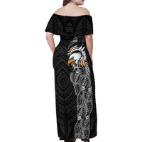 American Samoa Flag Day Family Matching Off Shoulder Maxi Dress and Hawaiian Shirt Tribal Tattoo with Eagle Black