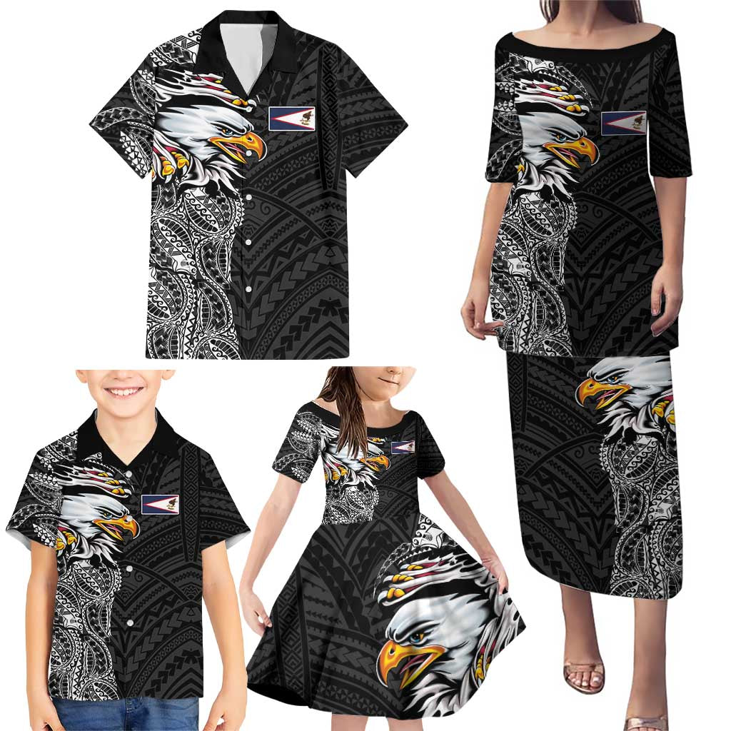 American Samoa Flag Day Family Matching Puletasi and Hawaiian Shirt Tribal Tattoo with Eagle Black