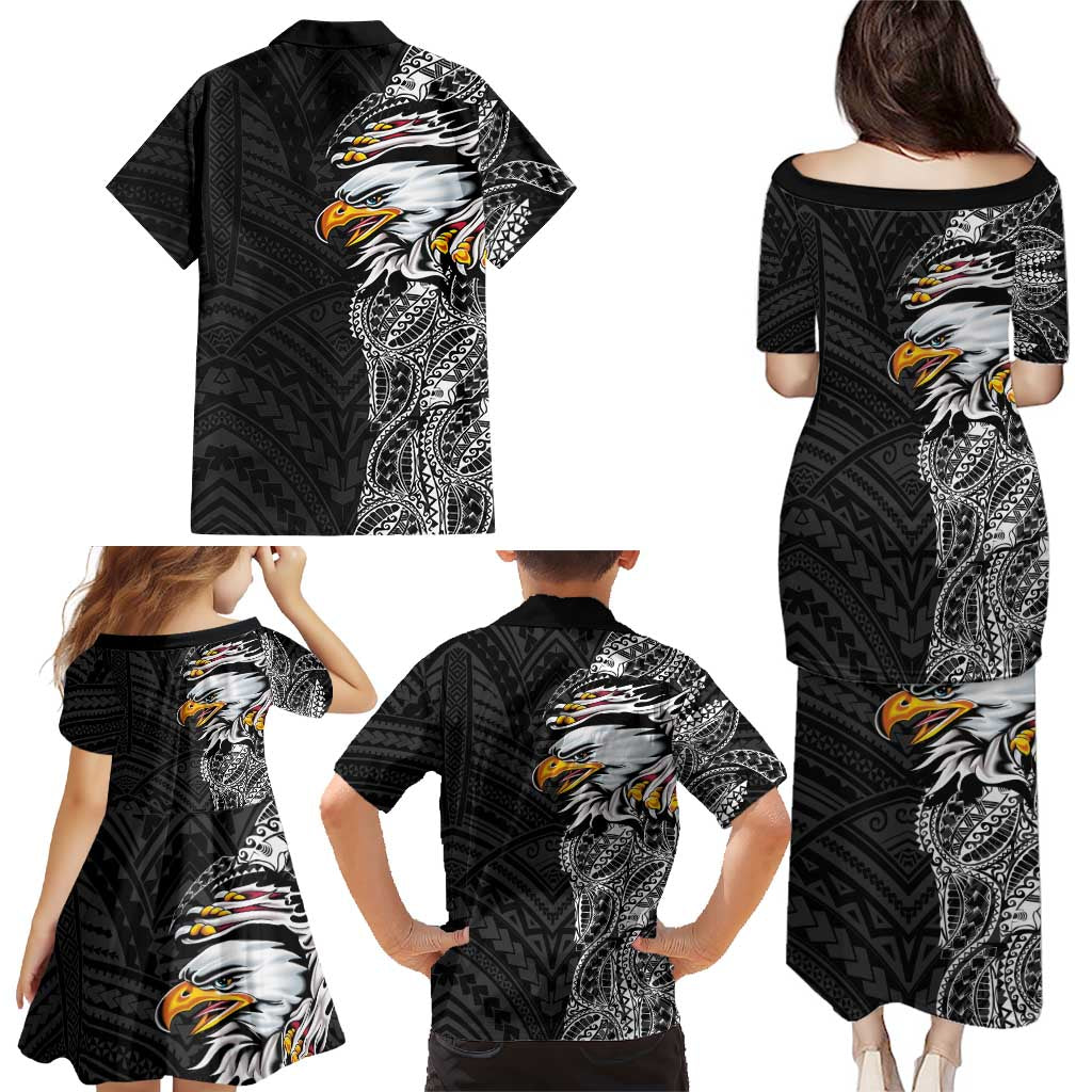 American Samoa Flag Day Family Matching Puletasi and Hawaiian Shirt Tribal Tattoo with Eagle Black