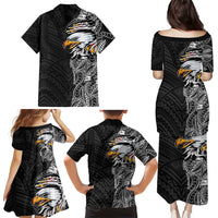 American Samoa Flag Day Family Matching Puletasi and Hawaiian Shirt Tribal Tattoo with Eagle Black