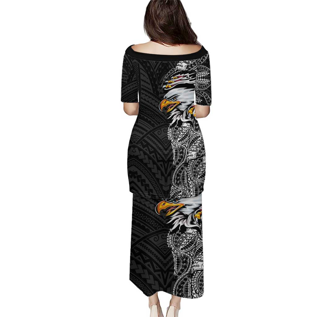American Samoa Flag Day Family Matching Puletasi and Hawaiian Shirt Tribal Tattoo with Eagle Black
