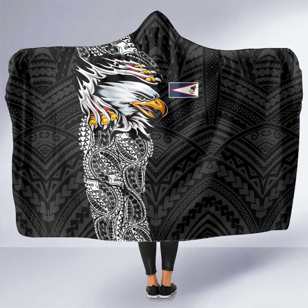 American Samoa Flag Day Hooded Blanket Tribal Tattoo with Eagle Black