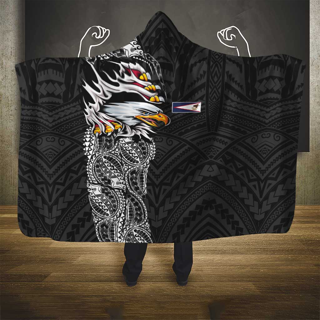 American Samoa Flag Day Hooded Blanket Tribal Tattoo with Eagle Black
