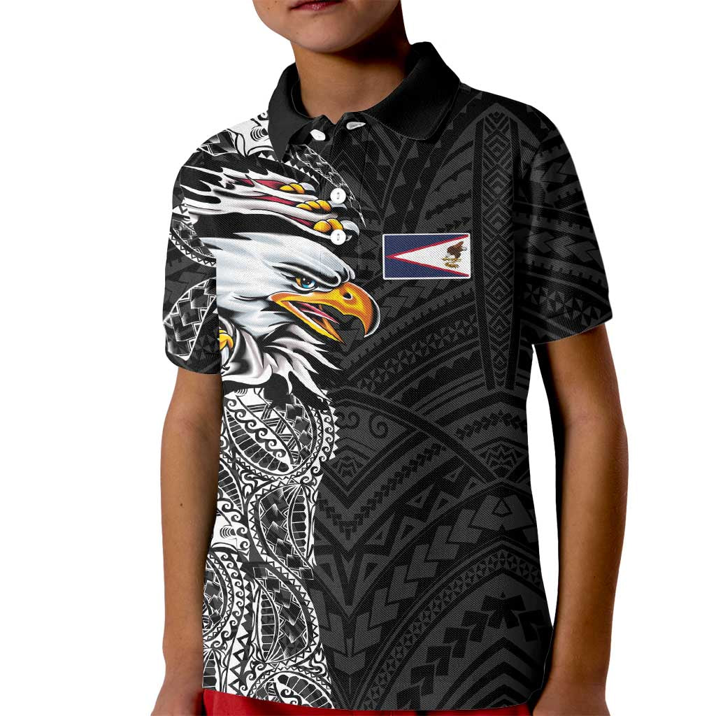 American Samoa Flag Day Kid Polo Shirt Tribal Tattoo with Eagle Black