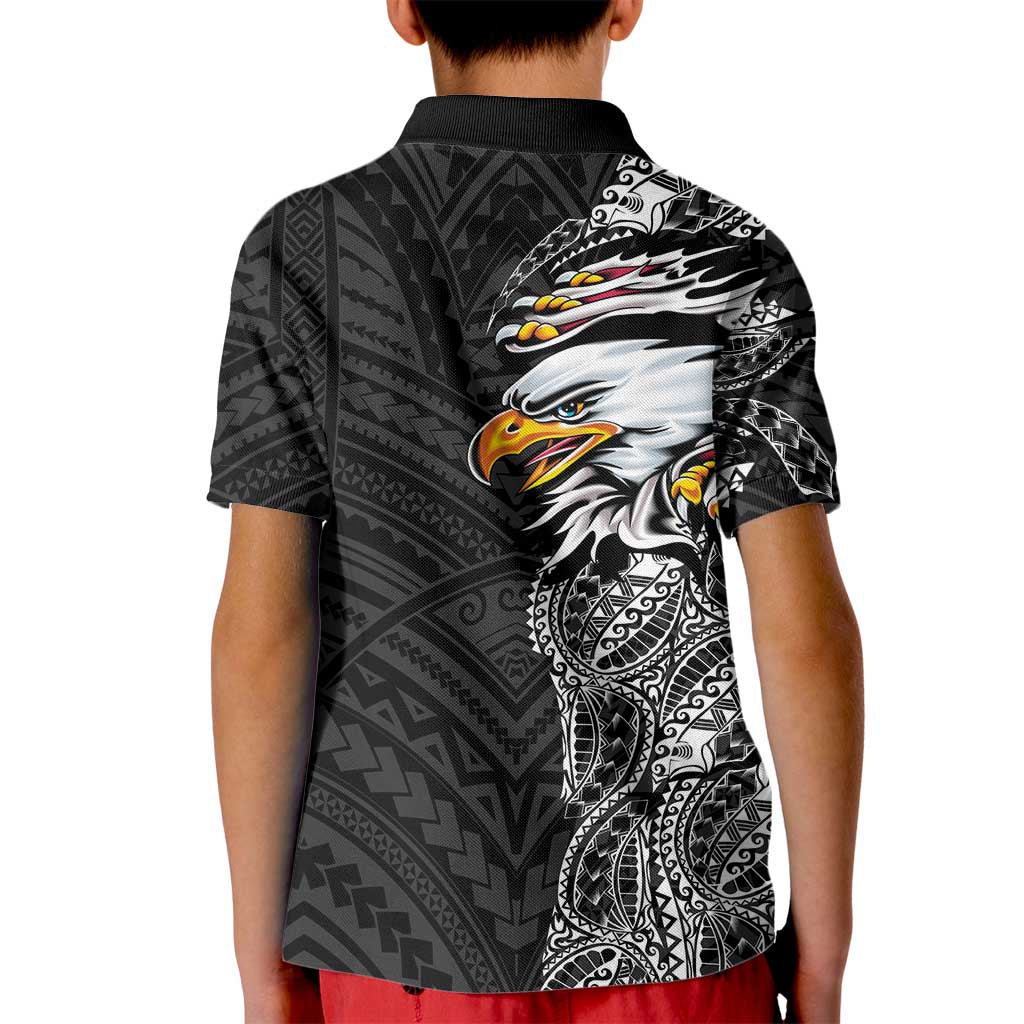 American Samoa Flag Day Kid Polo Shirt Tribal Tattoo with Eagle Black