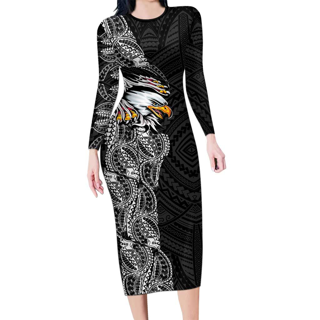 American Samoa Flag Day Long Sleeve Bodycon Dress Tribal Tattoo with Eagle Black LT03 Long Dress Black - Polynesian Pride