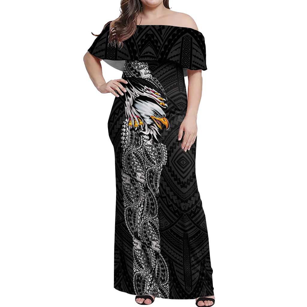 American Samoa Flag Day Off Shoulder Maxi Dress Tribal Tattoo with Eagle Black LT03 Women Black - Polynesian Pride